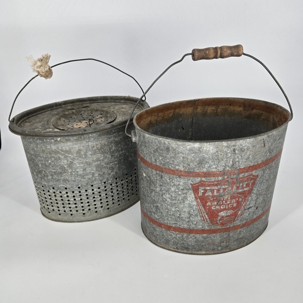 Vintage Falls City Galvanized Bait Bucket Minnow Pail Anglers Choice Lid 7624